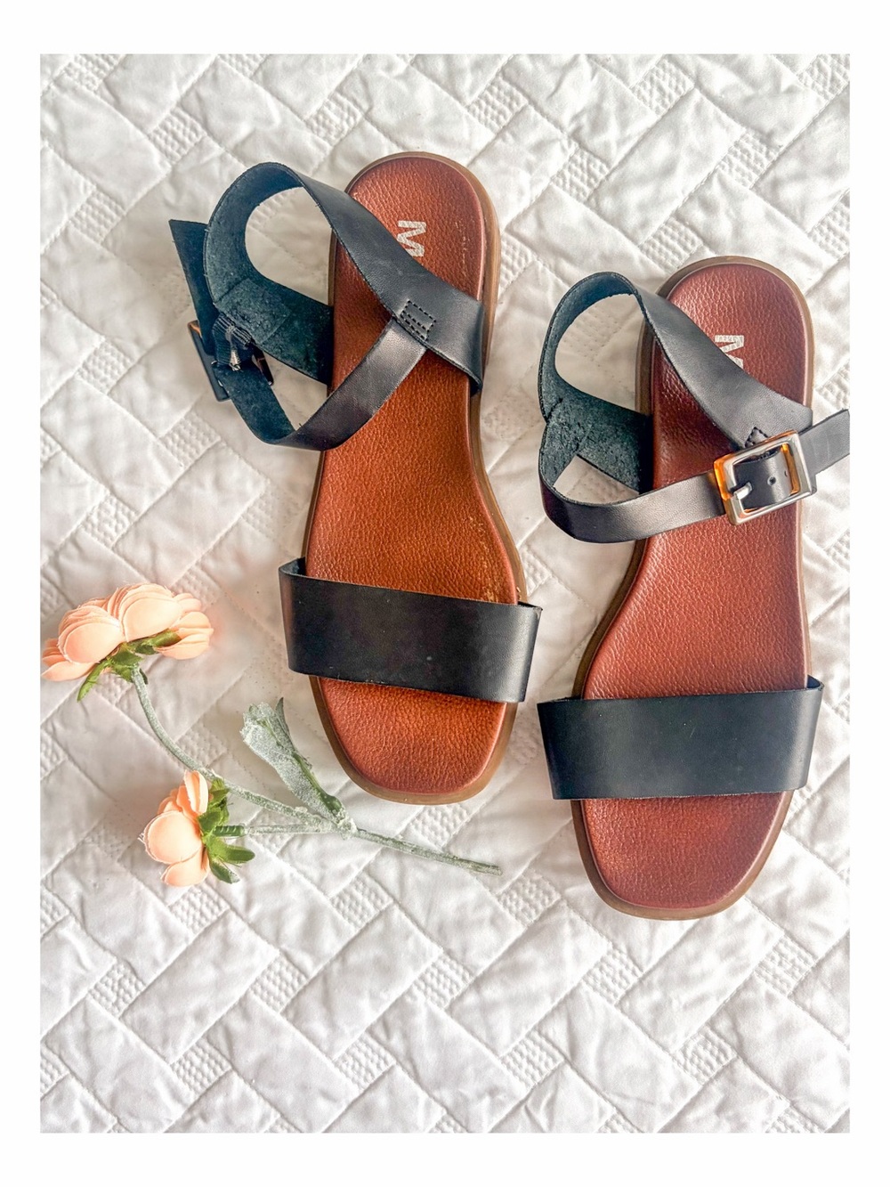 MIA Black Ankle Strap Flat Sandals Size 7 Minimalist Faux Leather